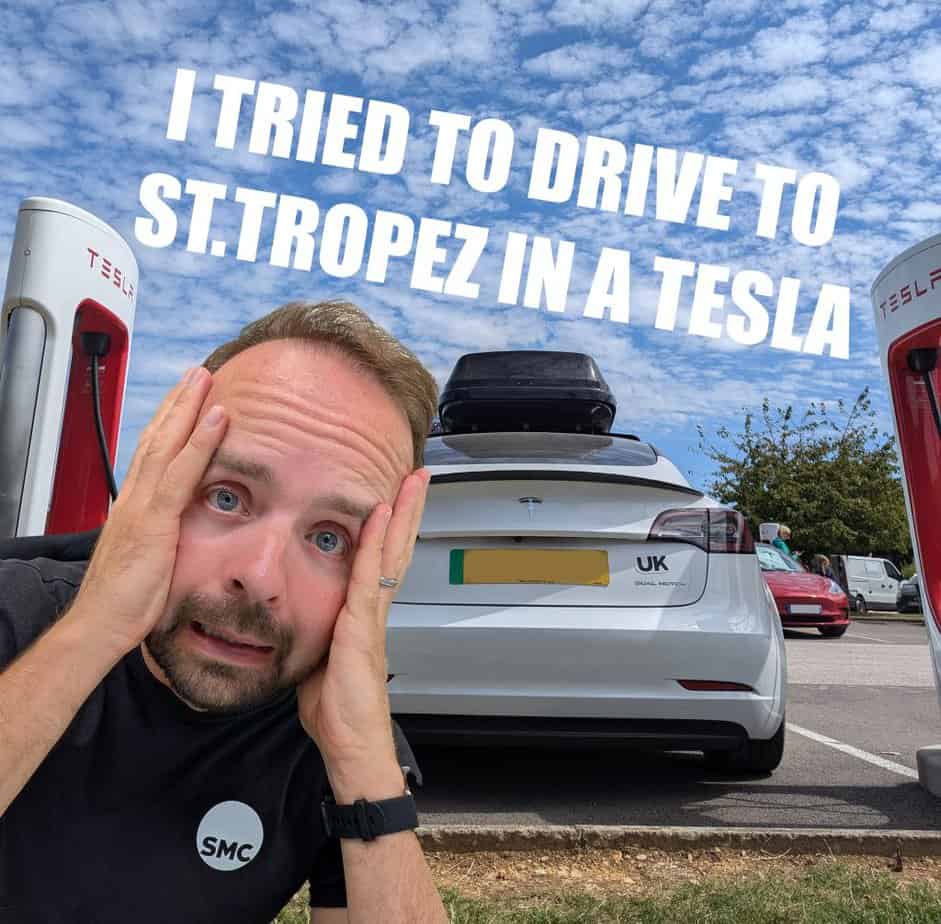 stressed man driving a tesla to st tropez, France